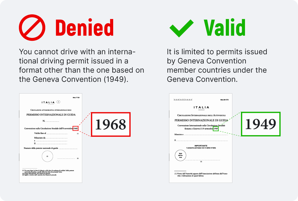 You cannot drive with an international driving permit issued in a format other than the one based on the Geneva Convention (1949). It is limited to permits issued by Geneva Convention member countries under the Geneva Convention.