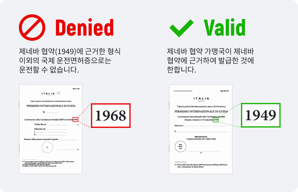 제네바 협약(1949)에 근거한 형식 이외의 국제 운전면허증으로는 운전할 수 없습니다. 제네바 협약 가맹국이 제네바 협약에 근거하여 발급한 것에 한합니다.